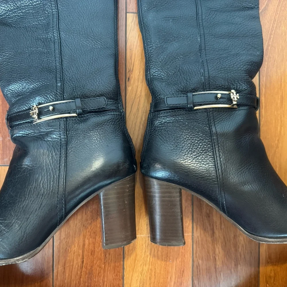 Tory Burch Jenna Leather Knee High Riding Boots Size:8 Black Square Toe